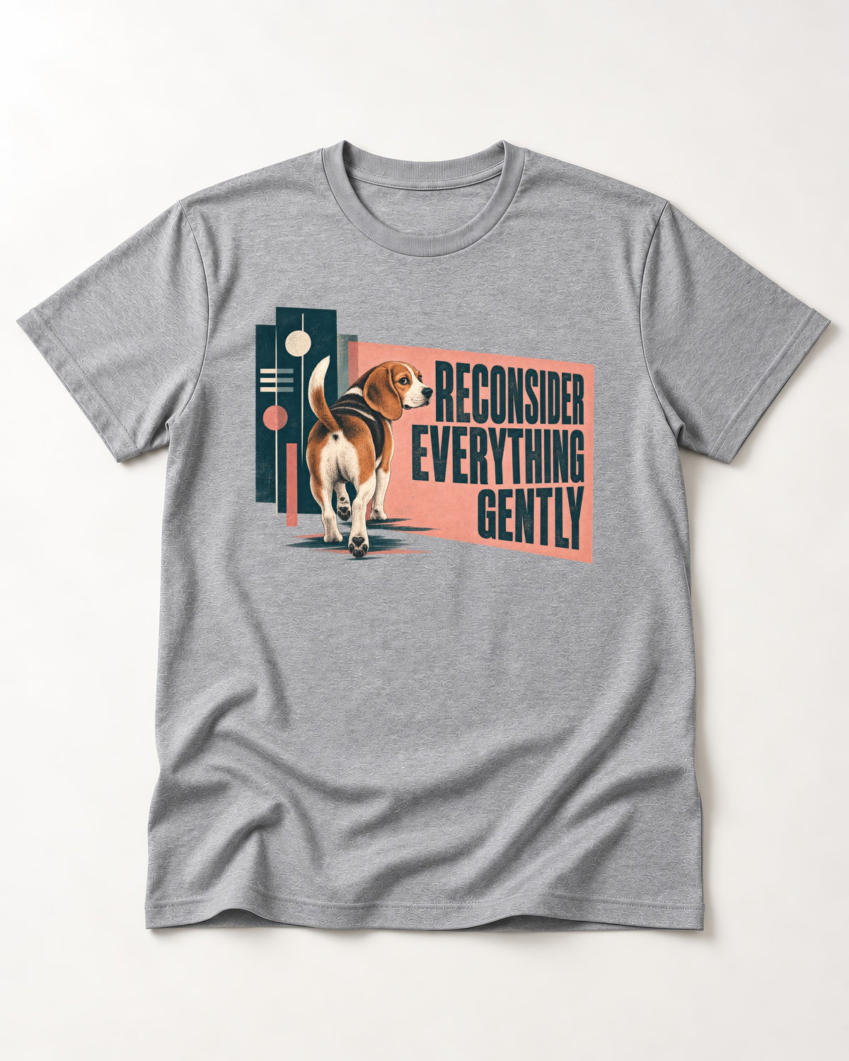 Beagle Reconsider Everything Gently Retro Graphic T-Shirt in Sport Grey, flat lay product photo