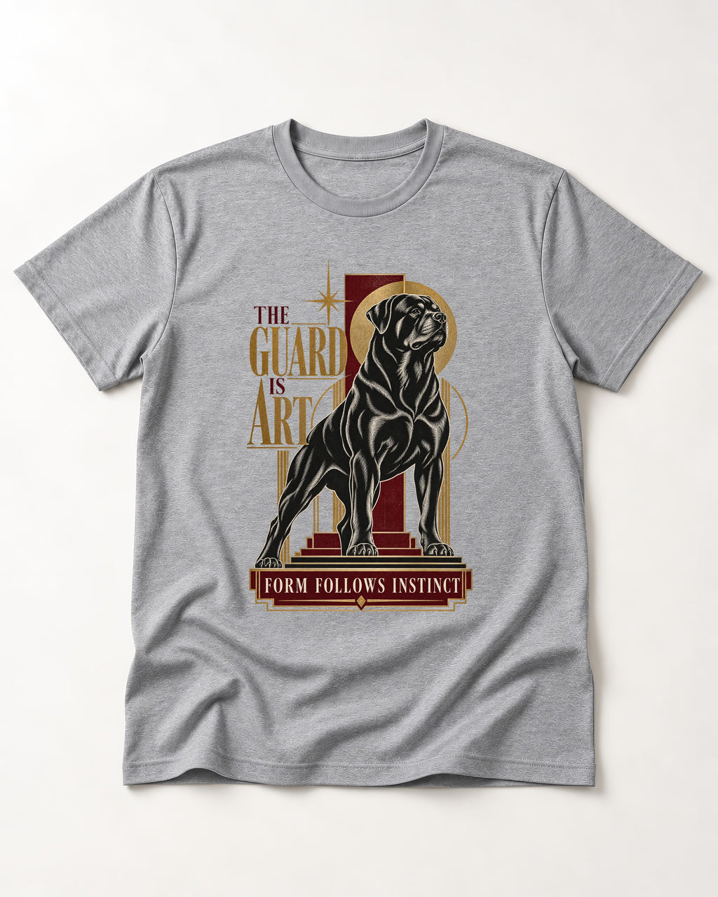 Rottweiler Form Follows Instinct T-Shirt in Sport Grey, flat lay product photo