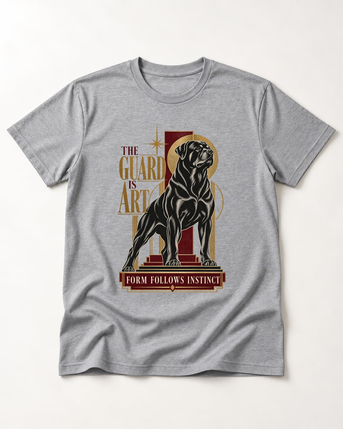 Rottweiler Form Follows Instinct T-Shirt in Sport Grey, flat lay product photo