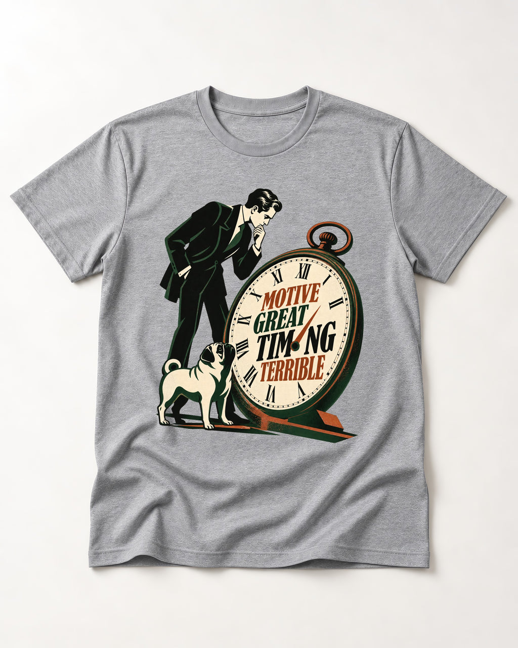 Pug Great Motive Terrible Timing T-Shirt in Sport Grey, flat lay product photo