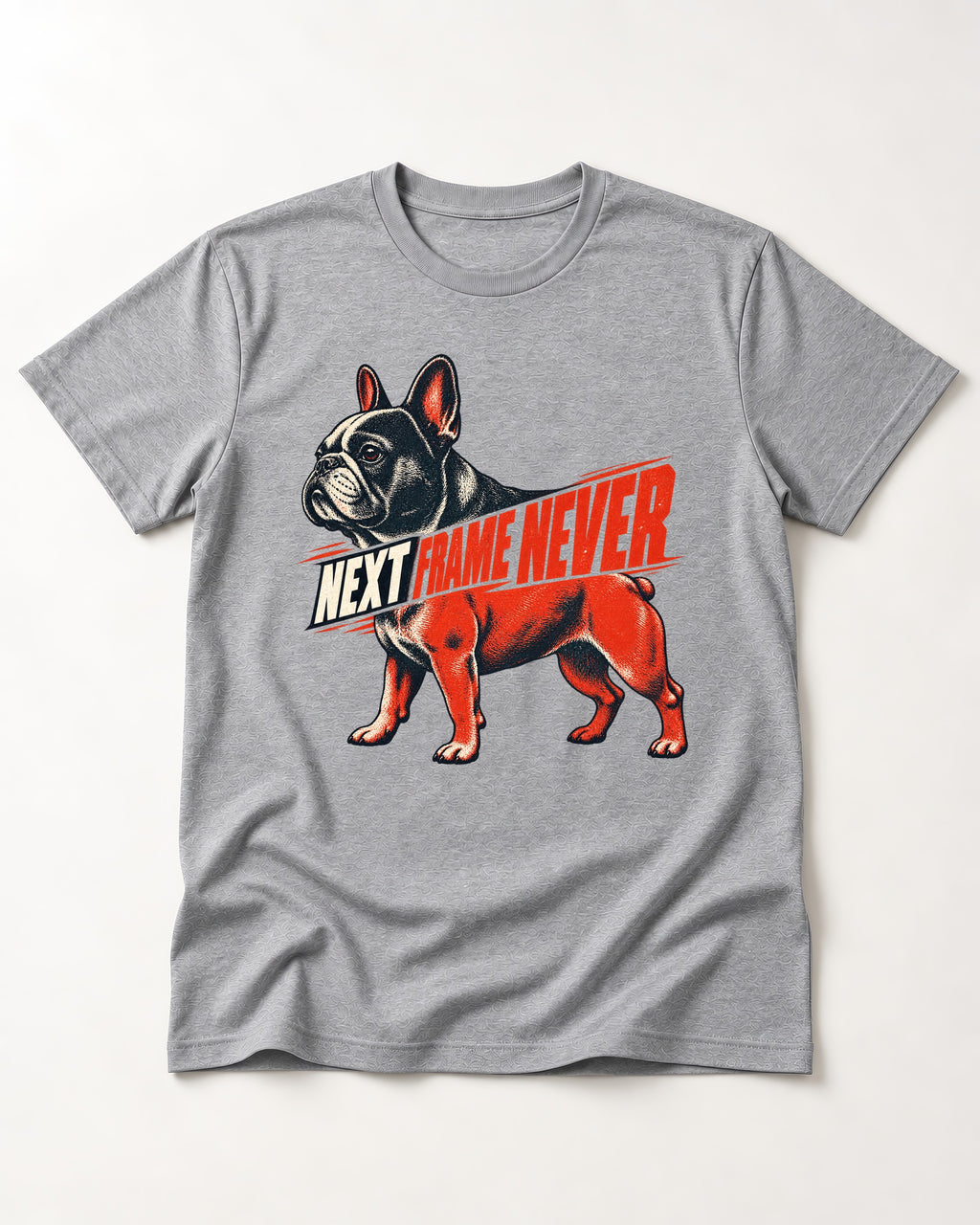 Frenchie Next Frame Never Motion Banner Graphic T-Shirt in Sport Grey, flat lay product photo