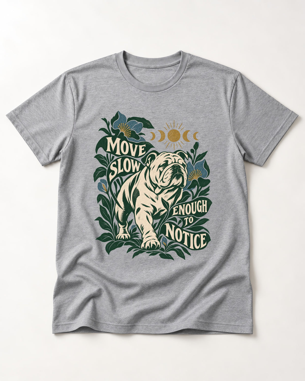 Move Slow English Bulldog T-Shirt in Sport Grey, flat lay product photo