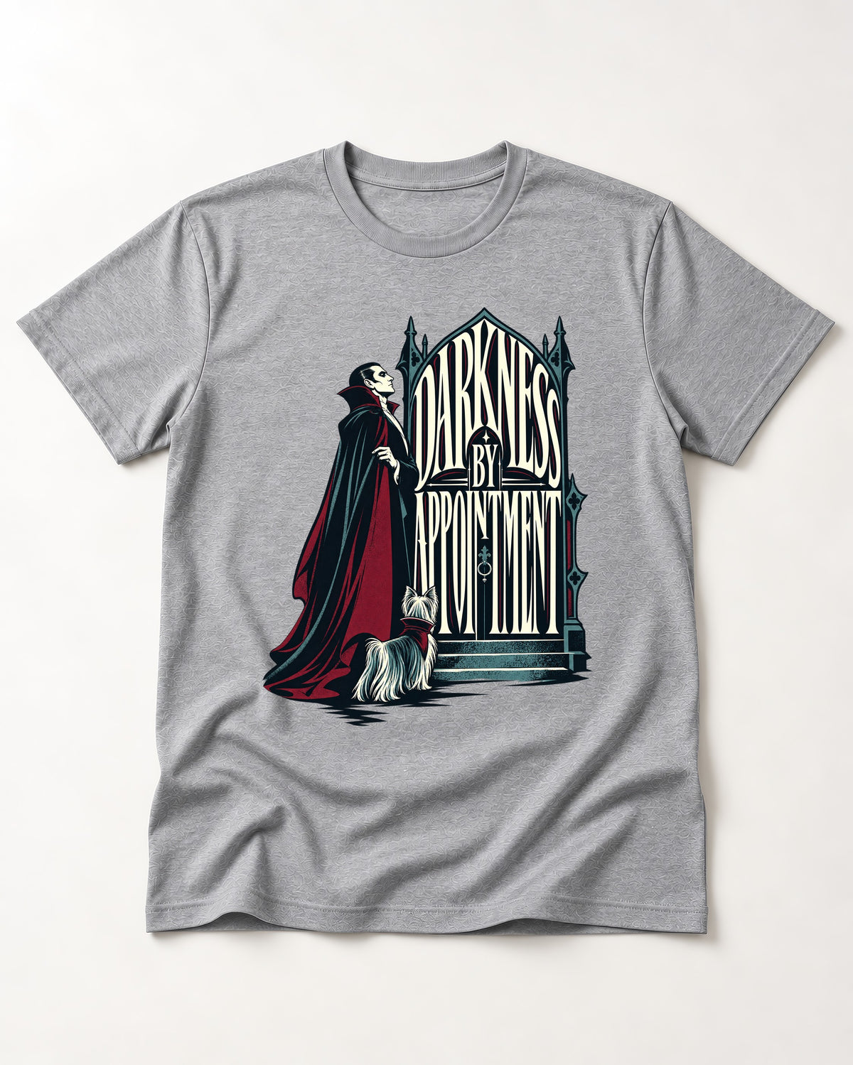 Darkness by Appointment with Yorkshire Terrier T-Shirt in Sport Grey, flat lay product photo