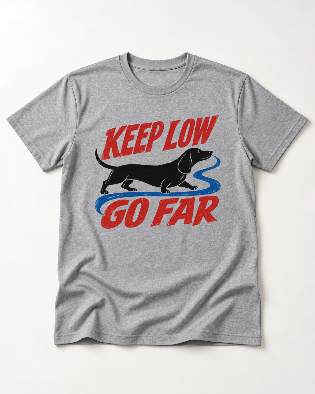 Keep Low Go Far Dachshund T-Shirt in Sport Grey, flat lay product photo