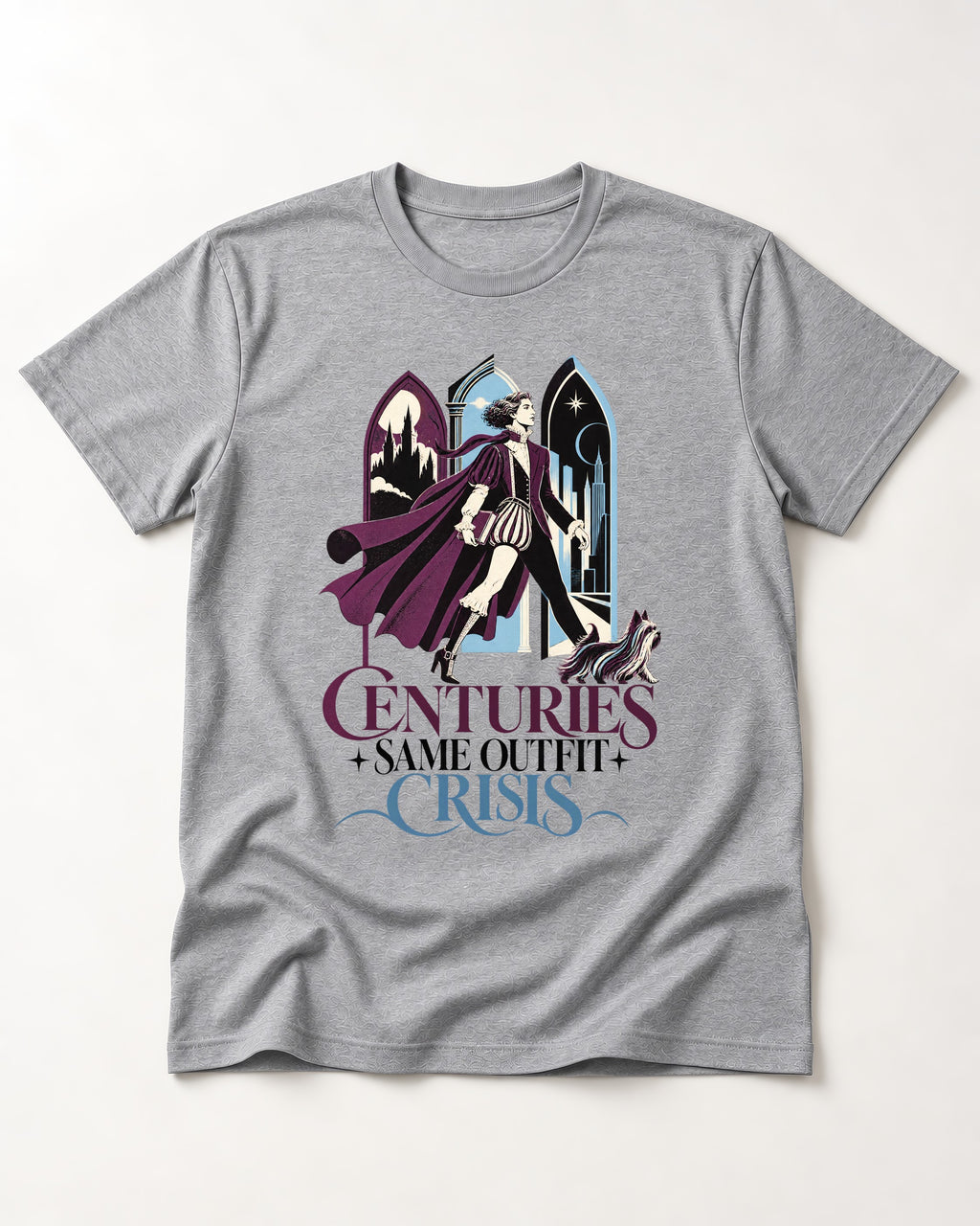 Yorkshire Terrier Centuries Same Outfit Crisis Gothic Graphic T-Shirt in Sport Grey, flat lay product photo