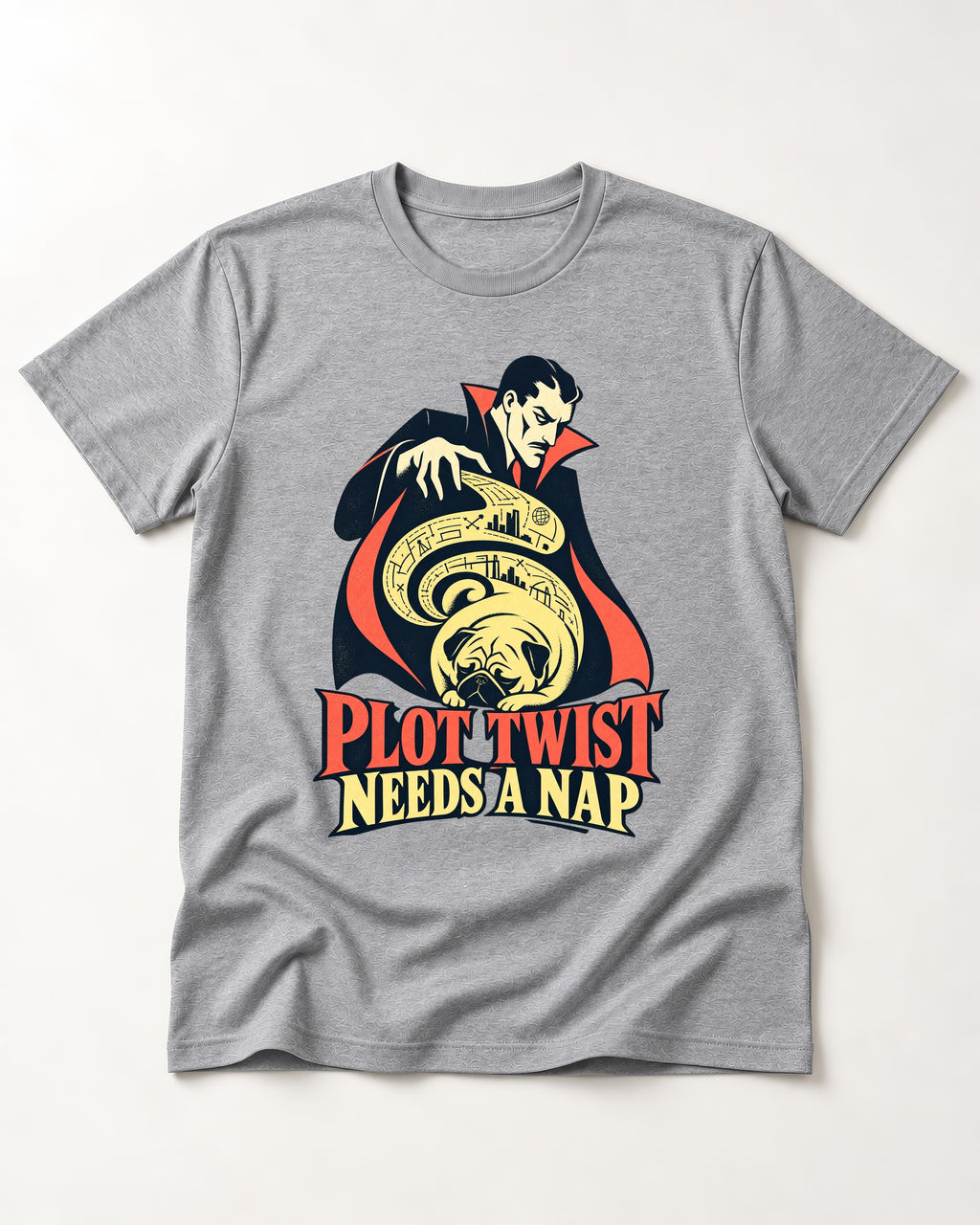 Pug Needs a Nap T-Shirt in Sport Grey, flat lay product photo