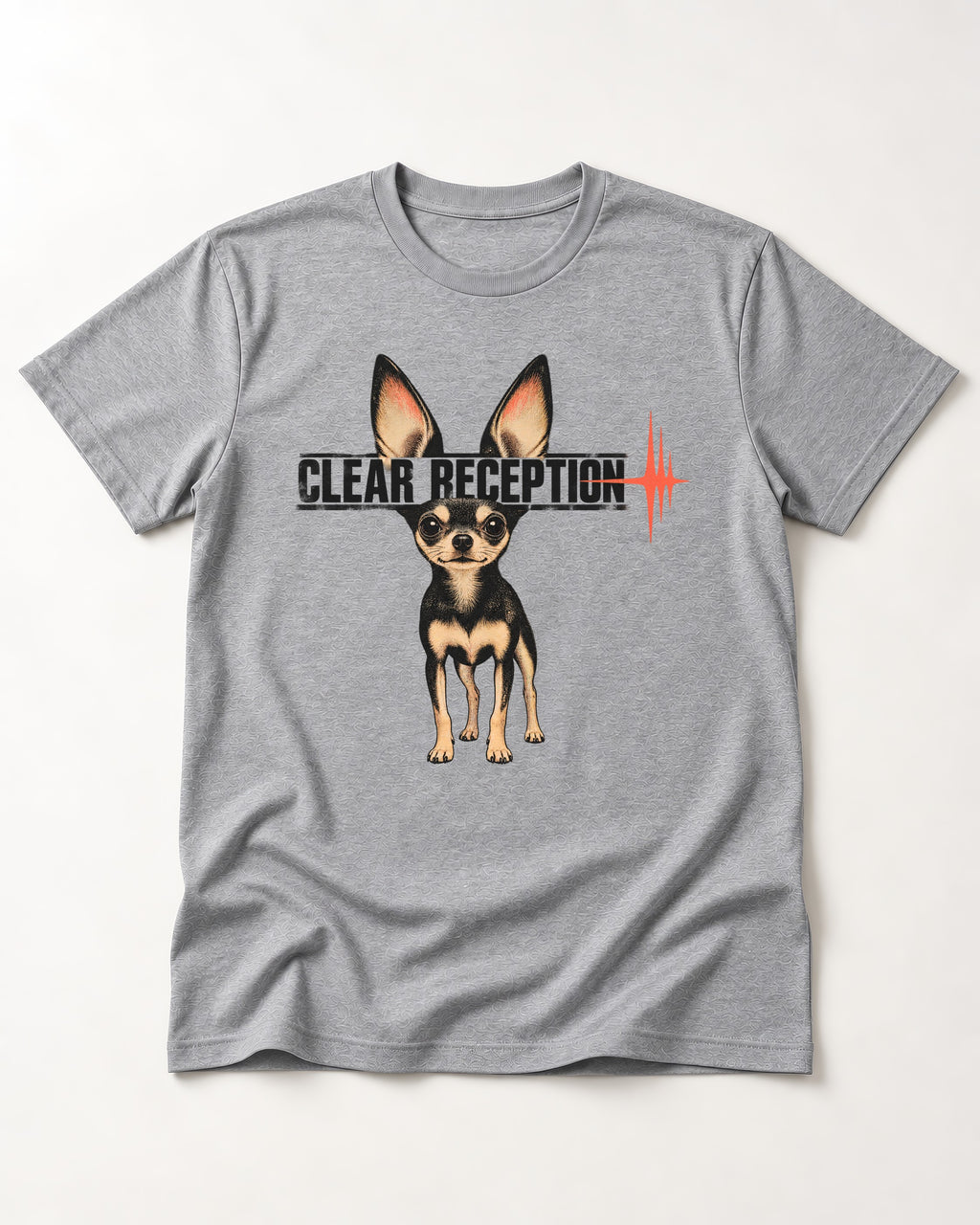 Chihuahua Clear Reception T-Shirt in Sport Grey, flat lay product photo