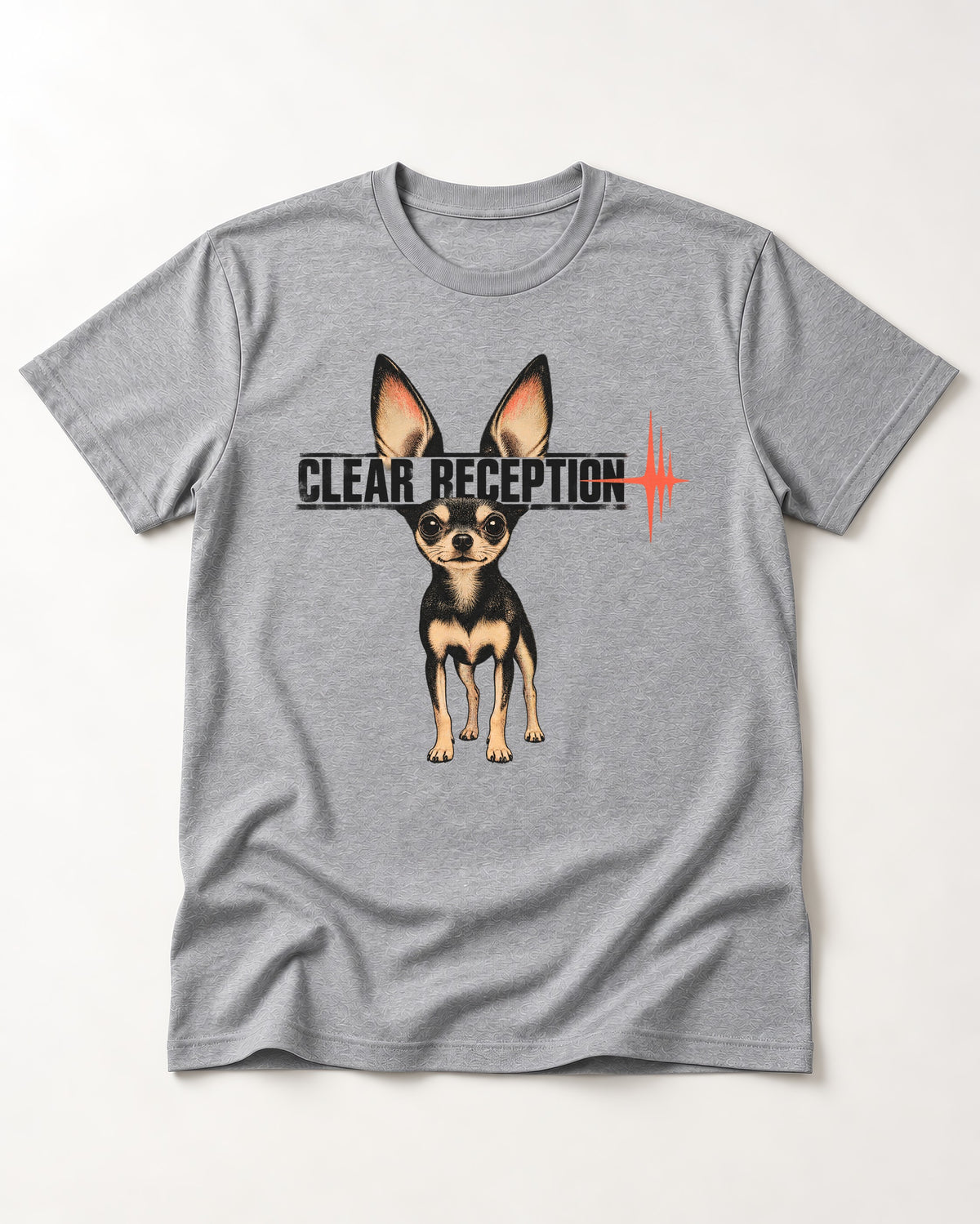 Chihuahua Clear Reception T-Shirt in Sport Grey, flat lay product photo