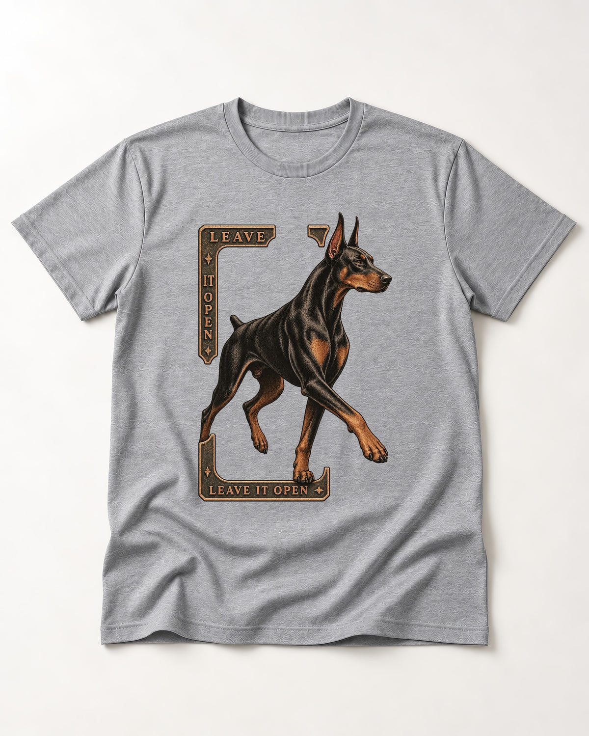 Leave It Open Doberman T-Shirt in Sport Grey, flat lay product photo
