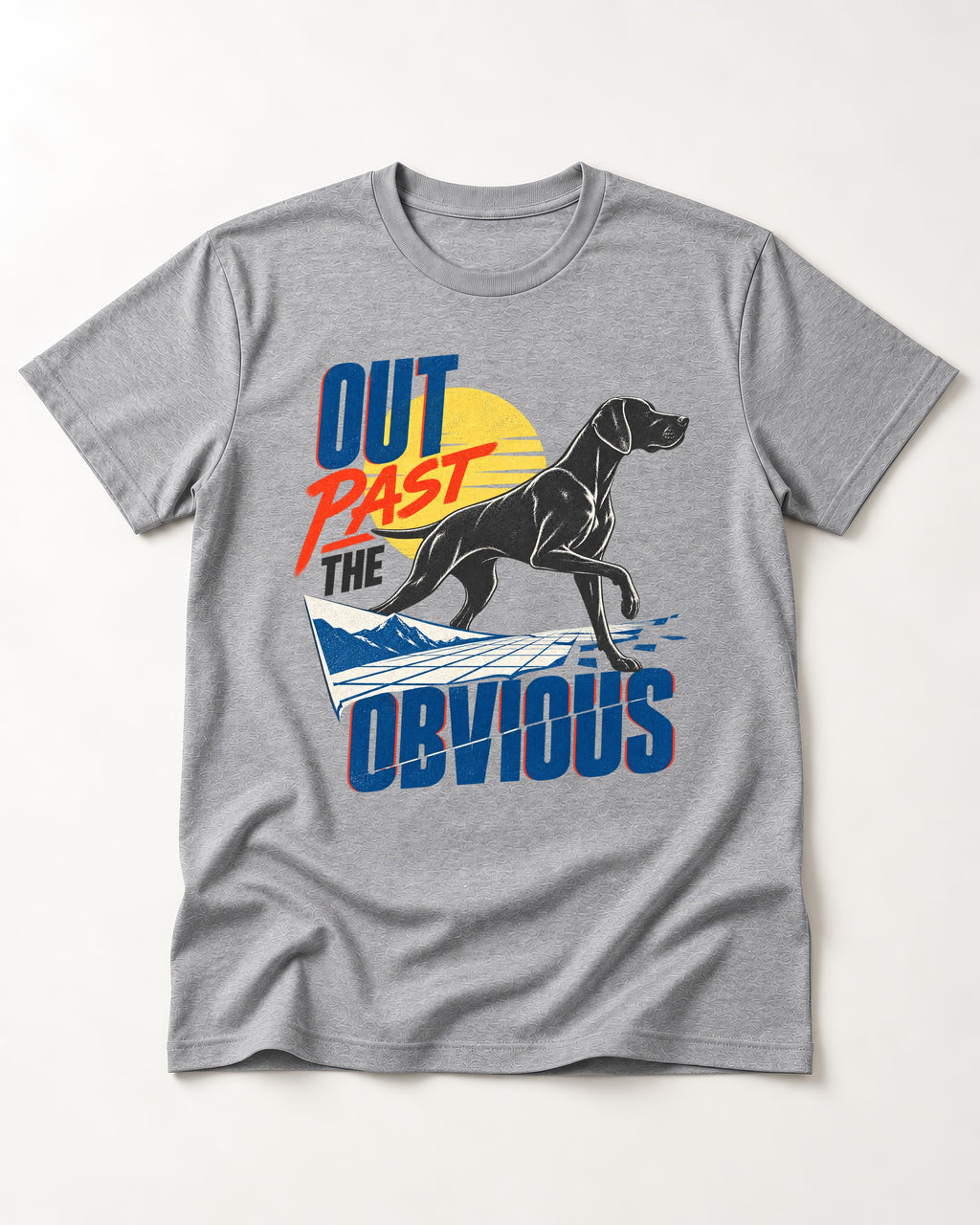 Out Past the Obvious German Shorthaired Pointer T-Shirt in Sport Grey, flat lay product photo