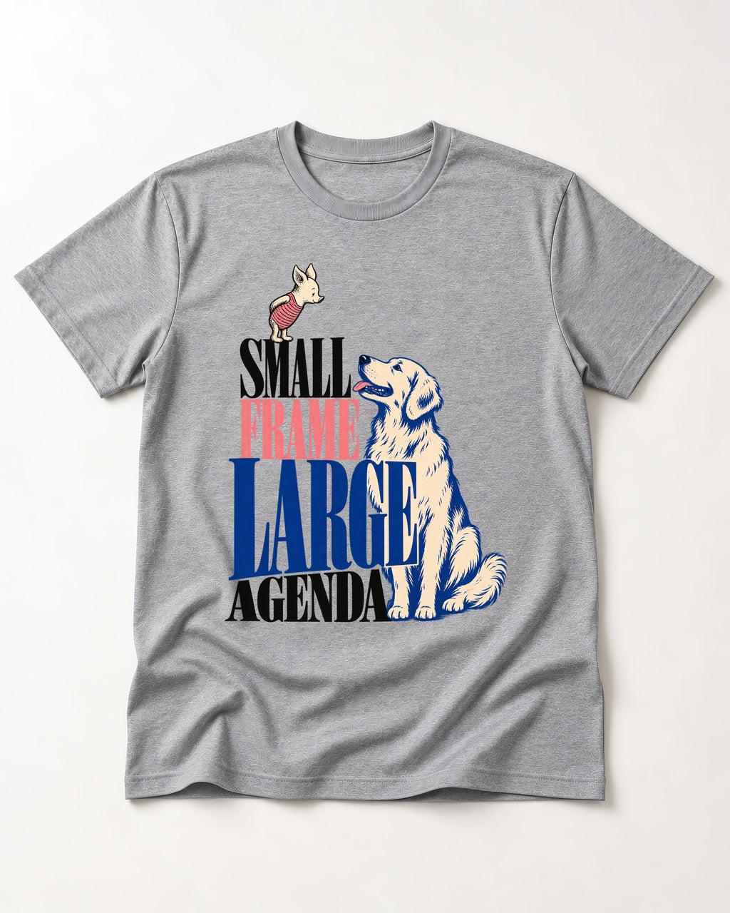 Small Frame Large Agenda Golden Retriever T-Shirt in Sport Grey, flat lay product photo