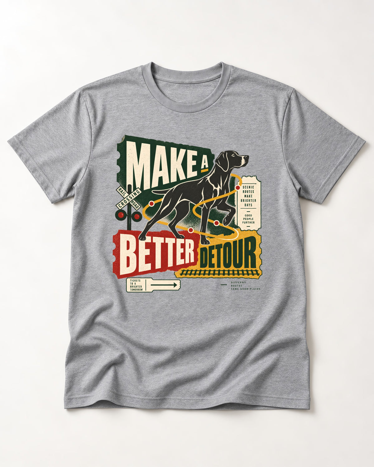 German Shorthaired Pointer Make a Better Detour Railroad Graphic T-Shirt in Sport Grey, flat lay product photo