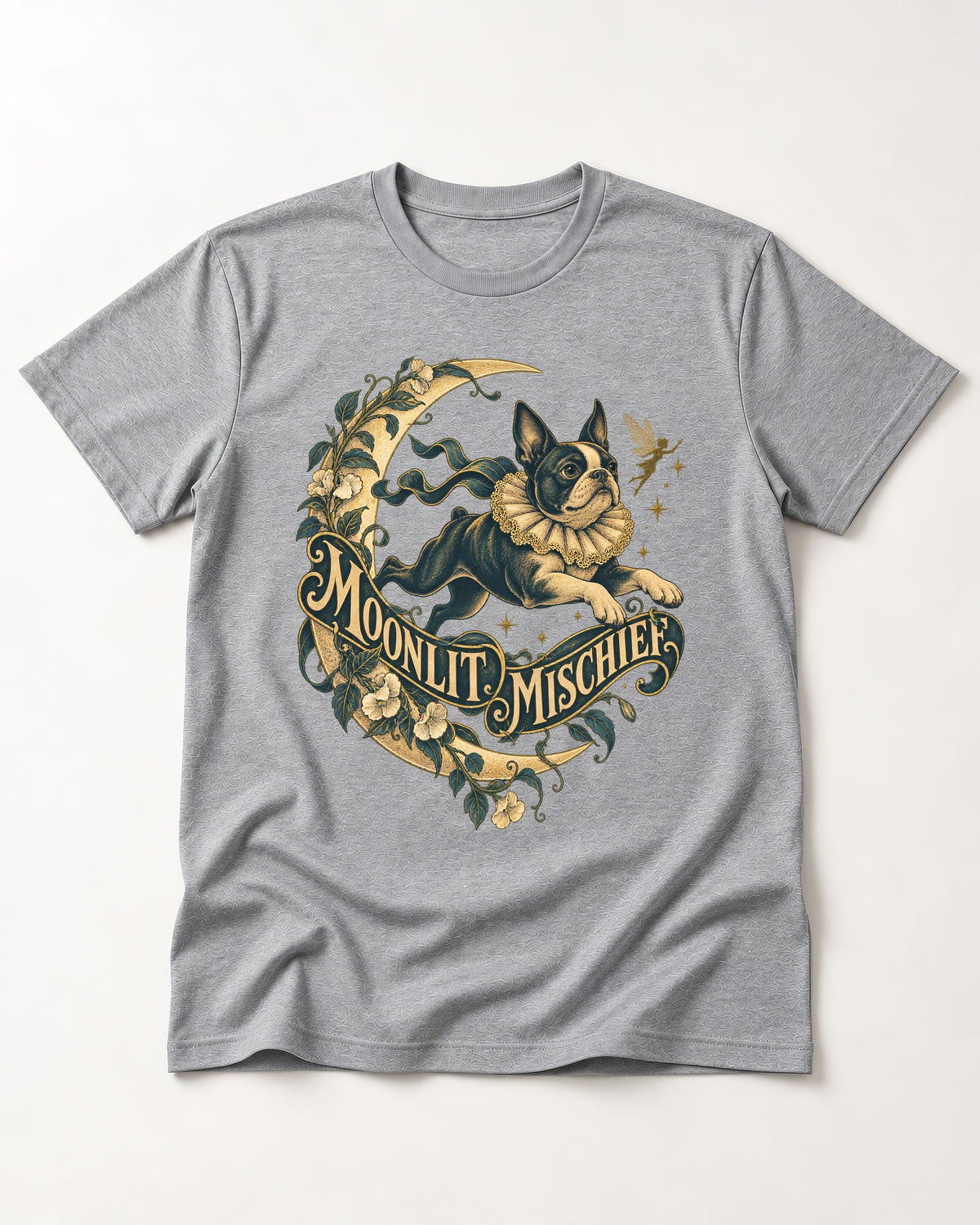 Boston Terrier Moonlit Mischief T-Shirt in Sport Grey, flat lay product photo