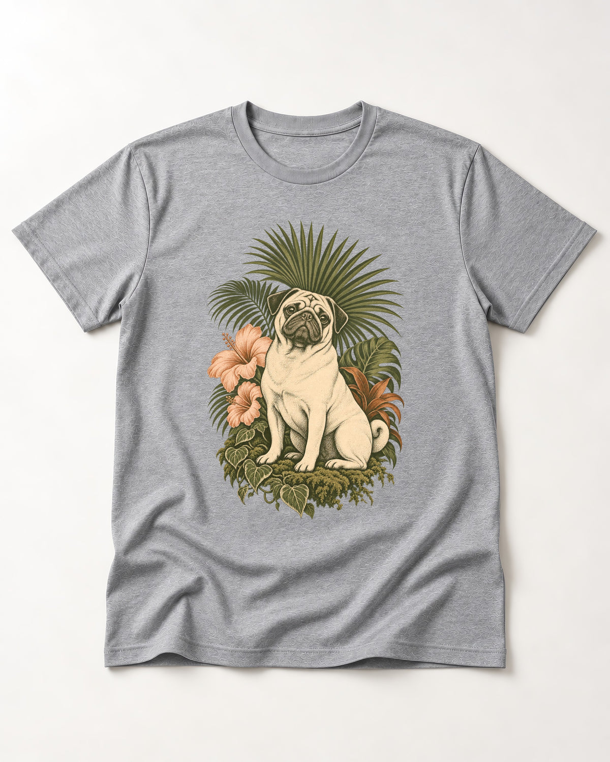 Pug Paradise T-Shirt in Sport Grey, flat lay product photo