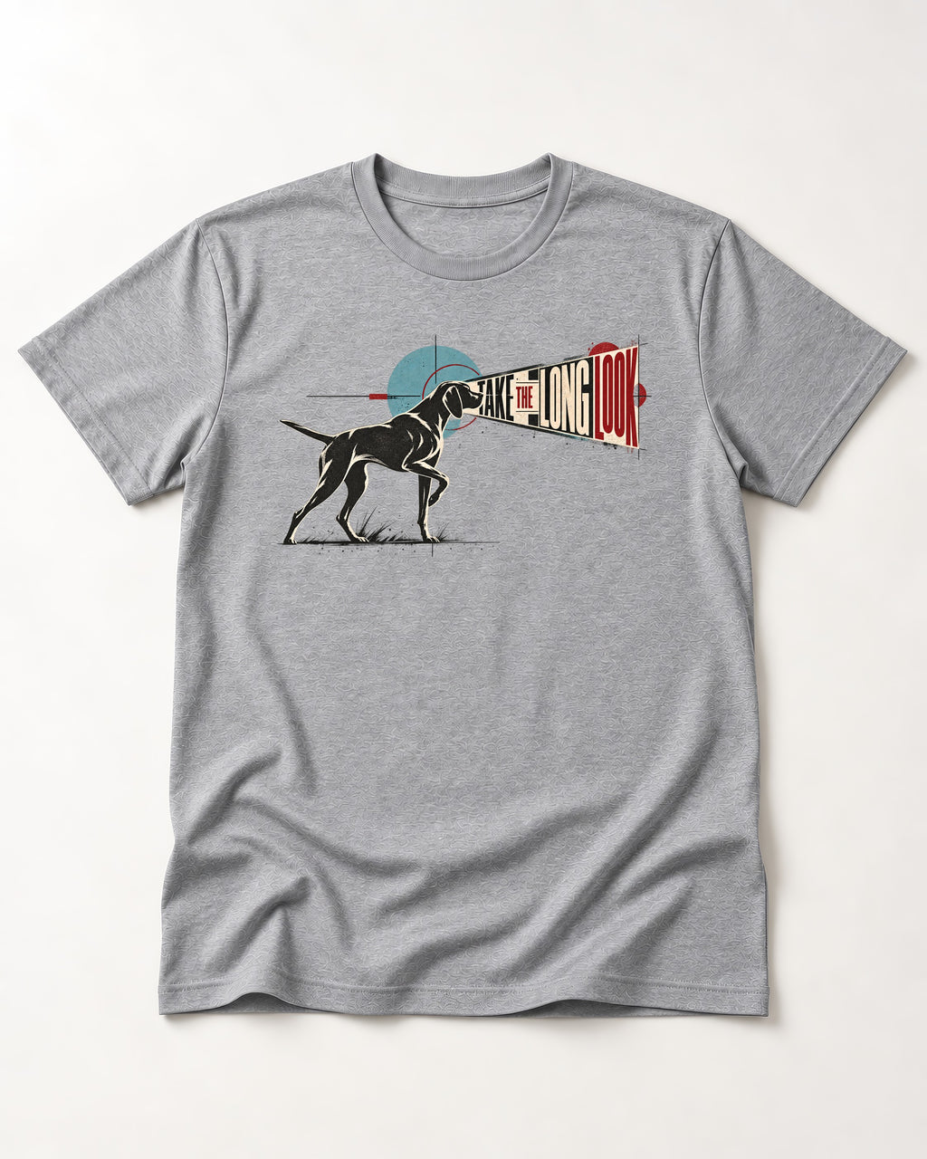 German Shorthaired Pointer Take the Long Look T-Shirt in Sport Grey, flat lay product photo