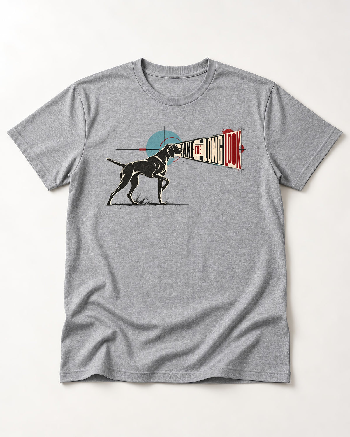 German Shorthaired Pointer Take the Long Look T-Shirt in Sport Grey, flat lay product photo