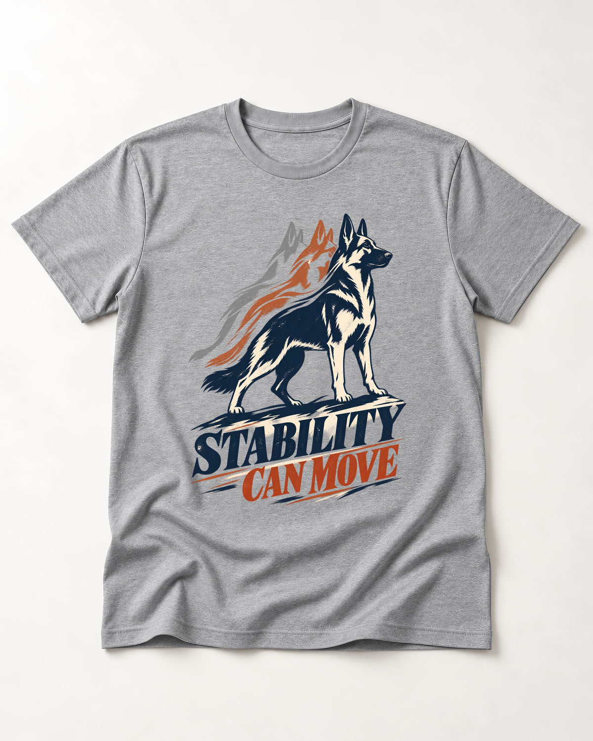 Stability Can Move German Shepherd Dog T-Shirt in Sport Grey, flat lay product photo
