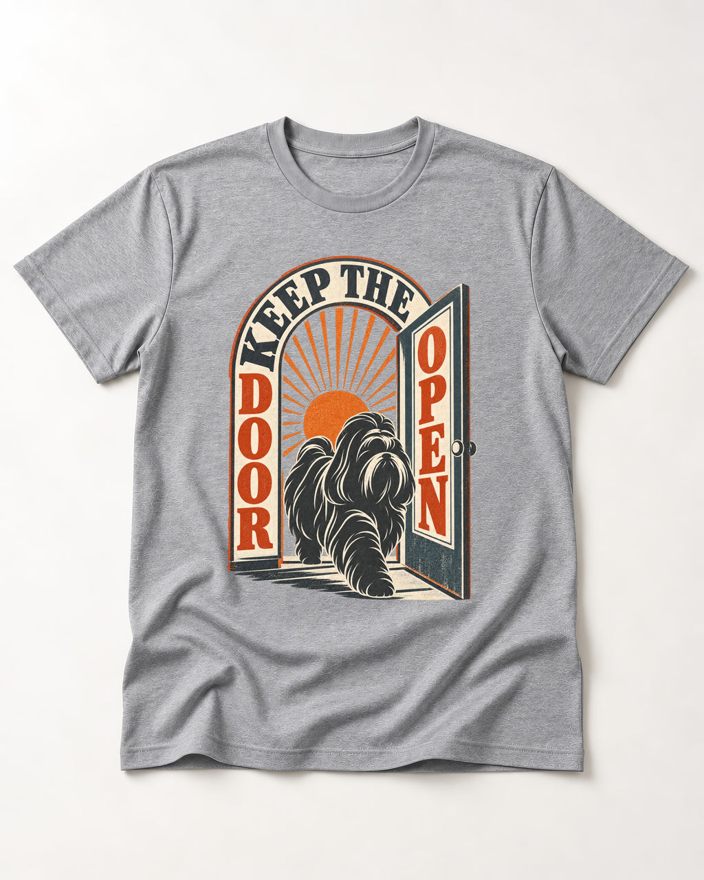 Shih Tzu Keep the Door Open Retro Doorway Graphic T-Shirt in Sport Grey, flat lay product photo