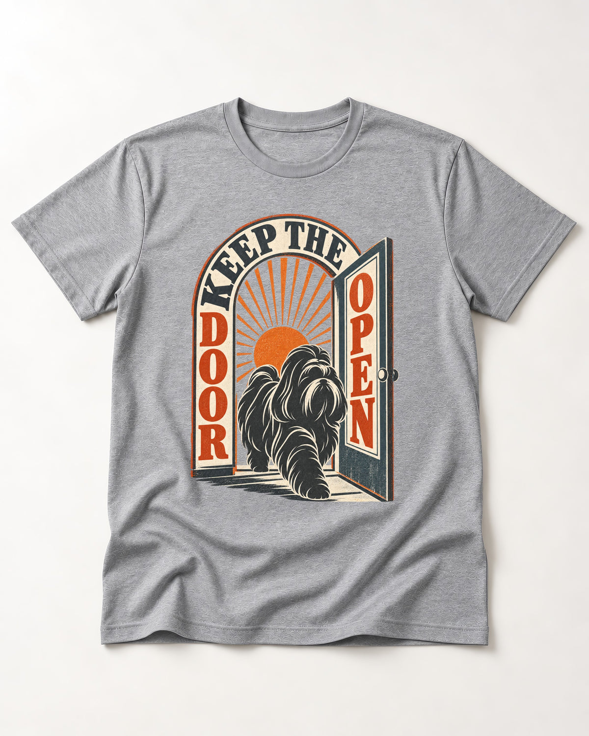 Shih Tzu Keep the Door Open Retro Doorway Graphic T-Shirt in Sport Grey, flat lay product photo