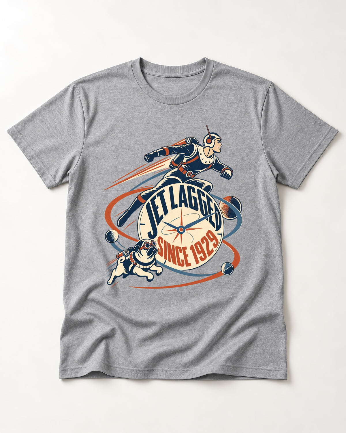 Jet Lagged Pug T-Shirt in Sport Grey, flat lay product photo