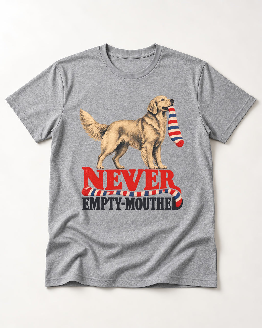 Never Empty Mouthed Golden Retriever T-Shirt in Sport Grey, flat lay product photo