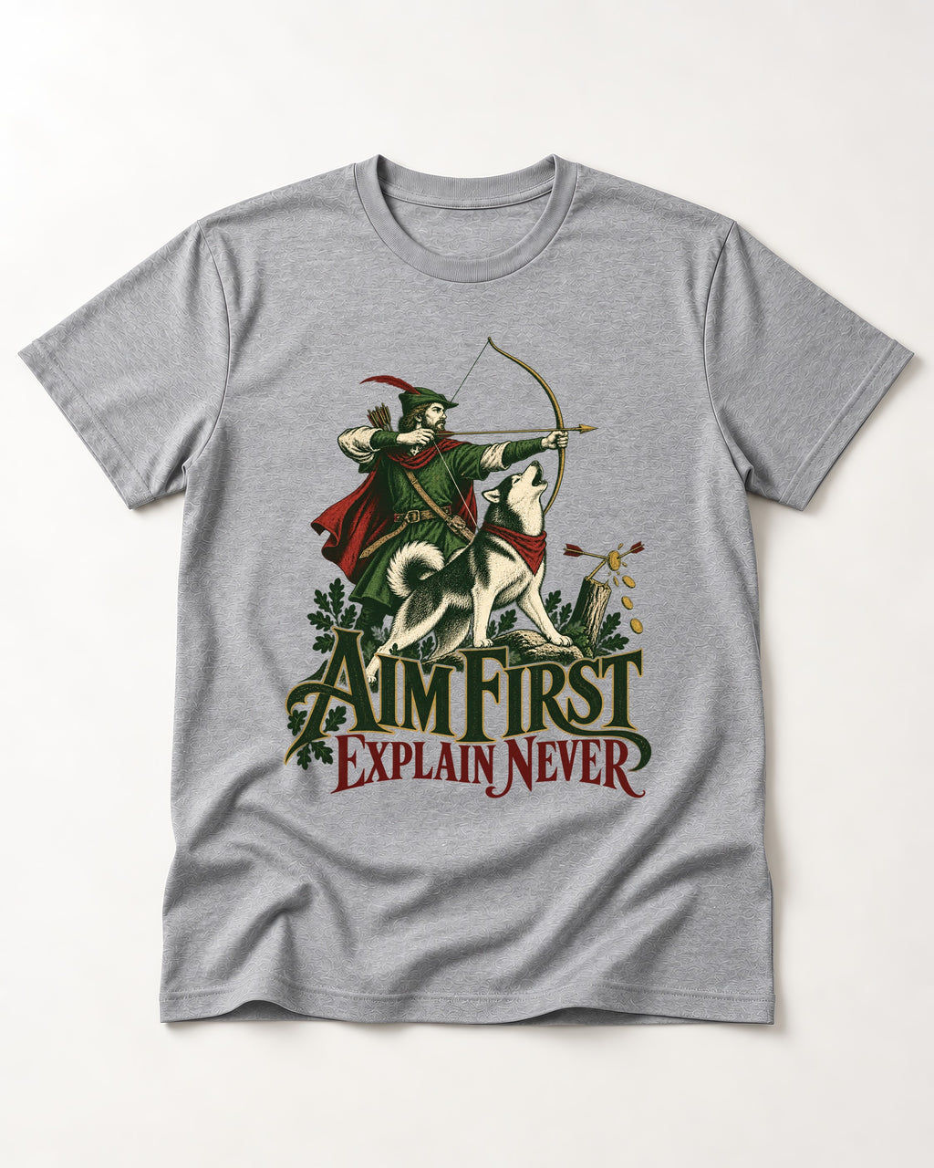 Husky Aim First Explain Never T-Shirt in Sport Grey, flat lay product photo