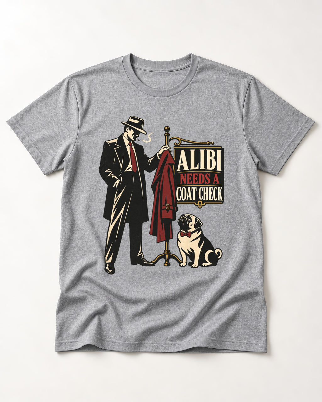 Pug Alibi Needs Coat Check T-Shirt in Sport Grey, flat lay product photo