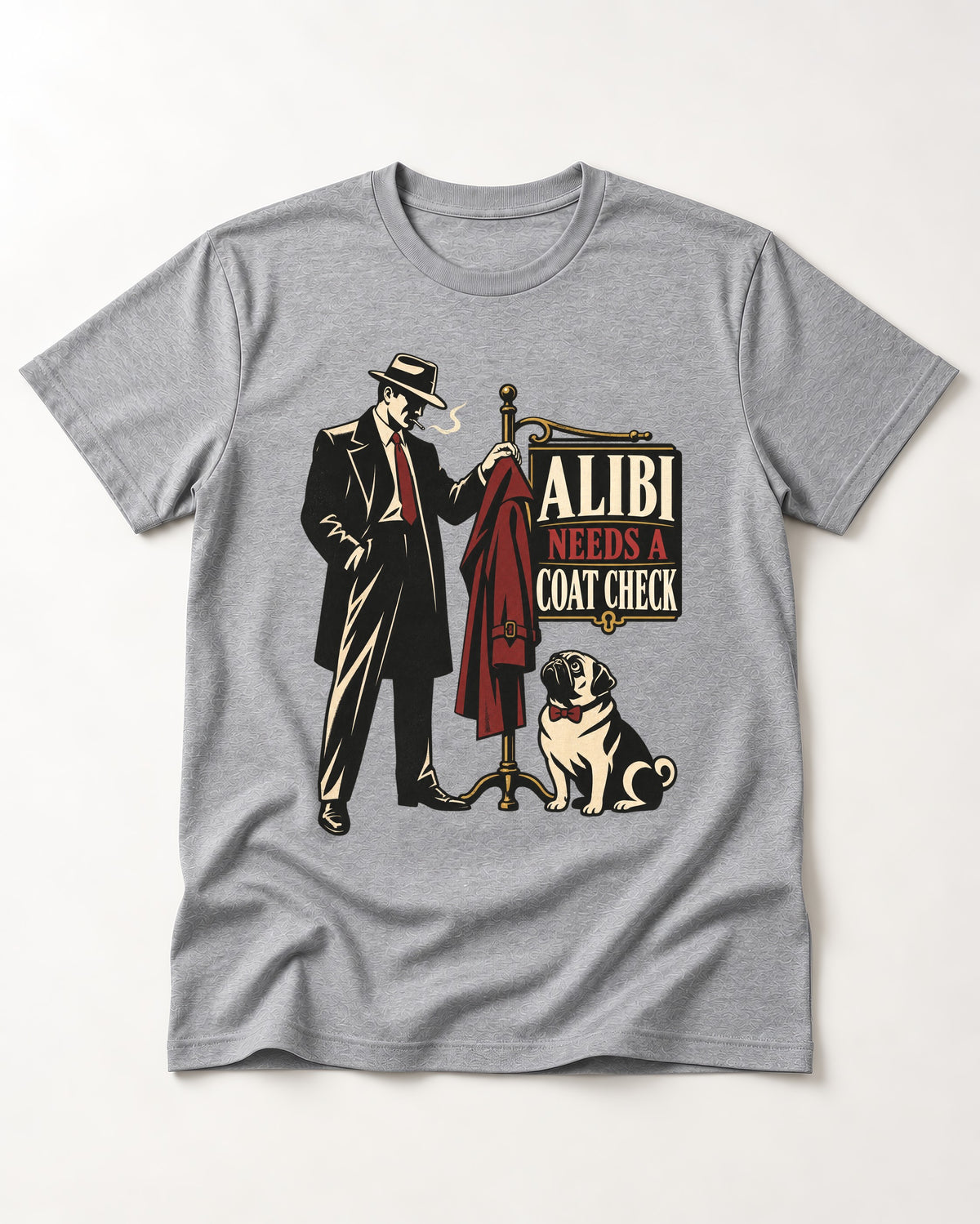 Pug Alibi Needs Coat Check T-Shirt in Sport Grey, flat lay product photo