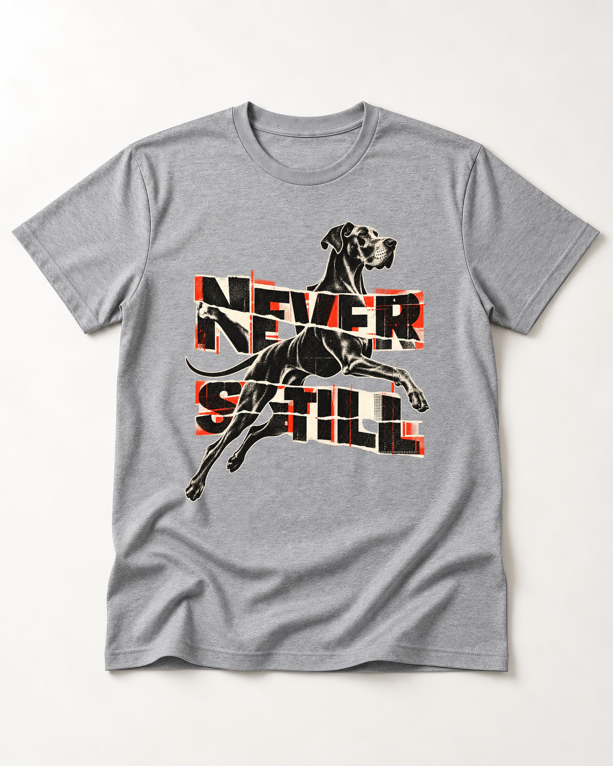 Great Dane Never Still Leaping Collage Graphic T-Shirt in Sport Grey, flat lay product photo