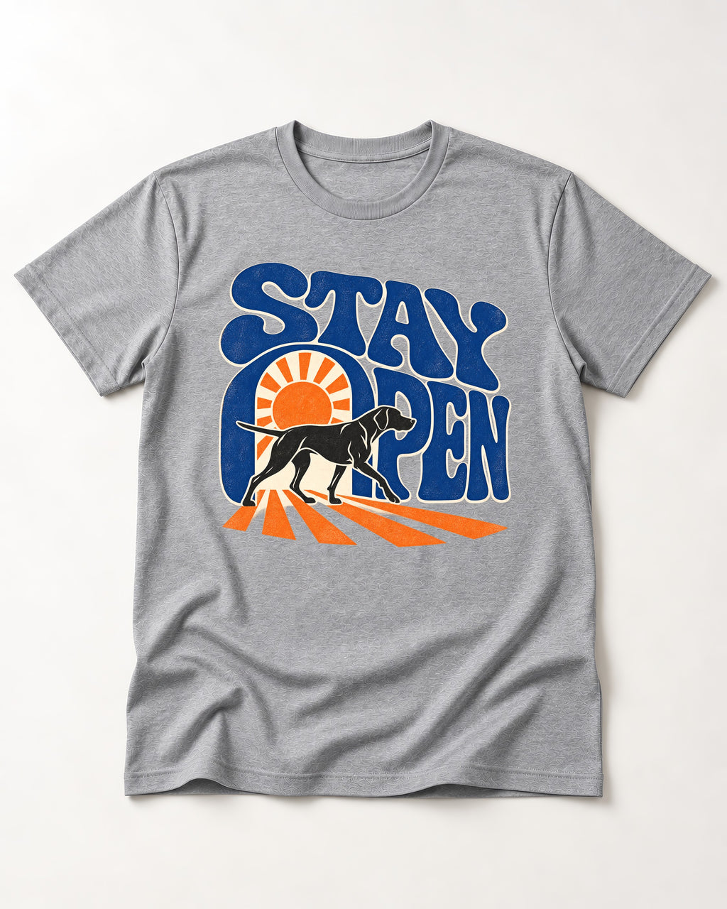 Stay Open German Shorthaired Pointer T-Shirt in Sport Grey, flat lay product photo