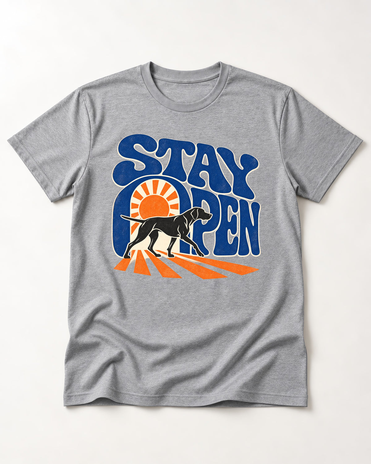 Stay Open German Shorthaired Pointer T-Shirt in Sport Grey, flat lay product photo