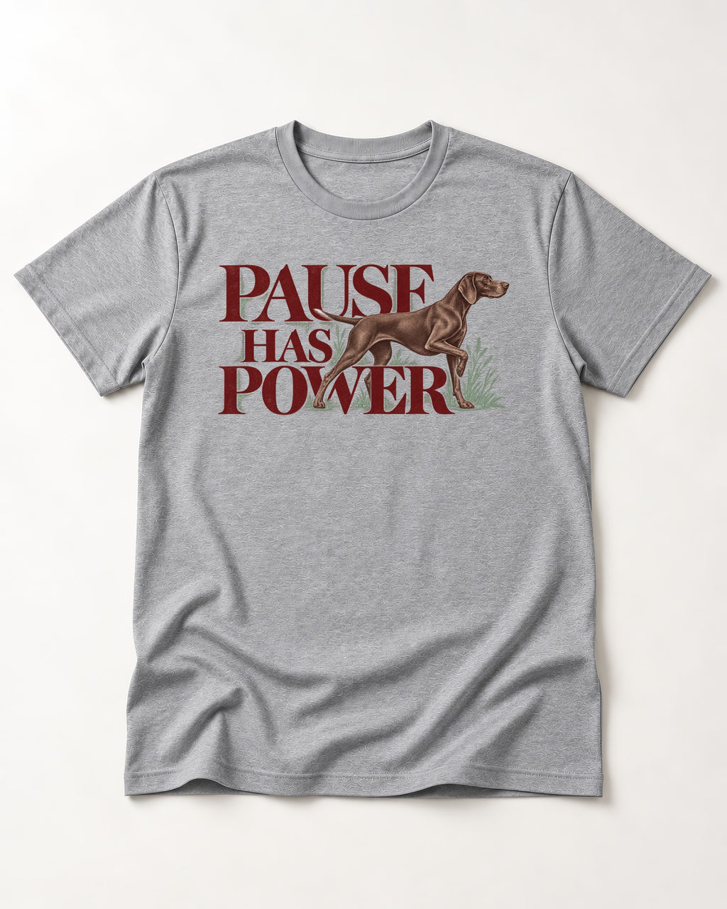 Pause Has Power German Shorthaired Pointer T-Shirt in Sport Grey, flat lay product photo