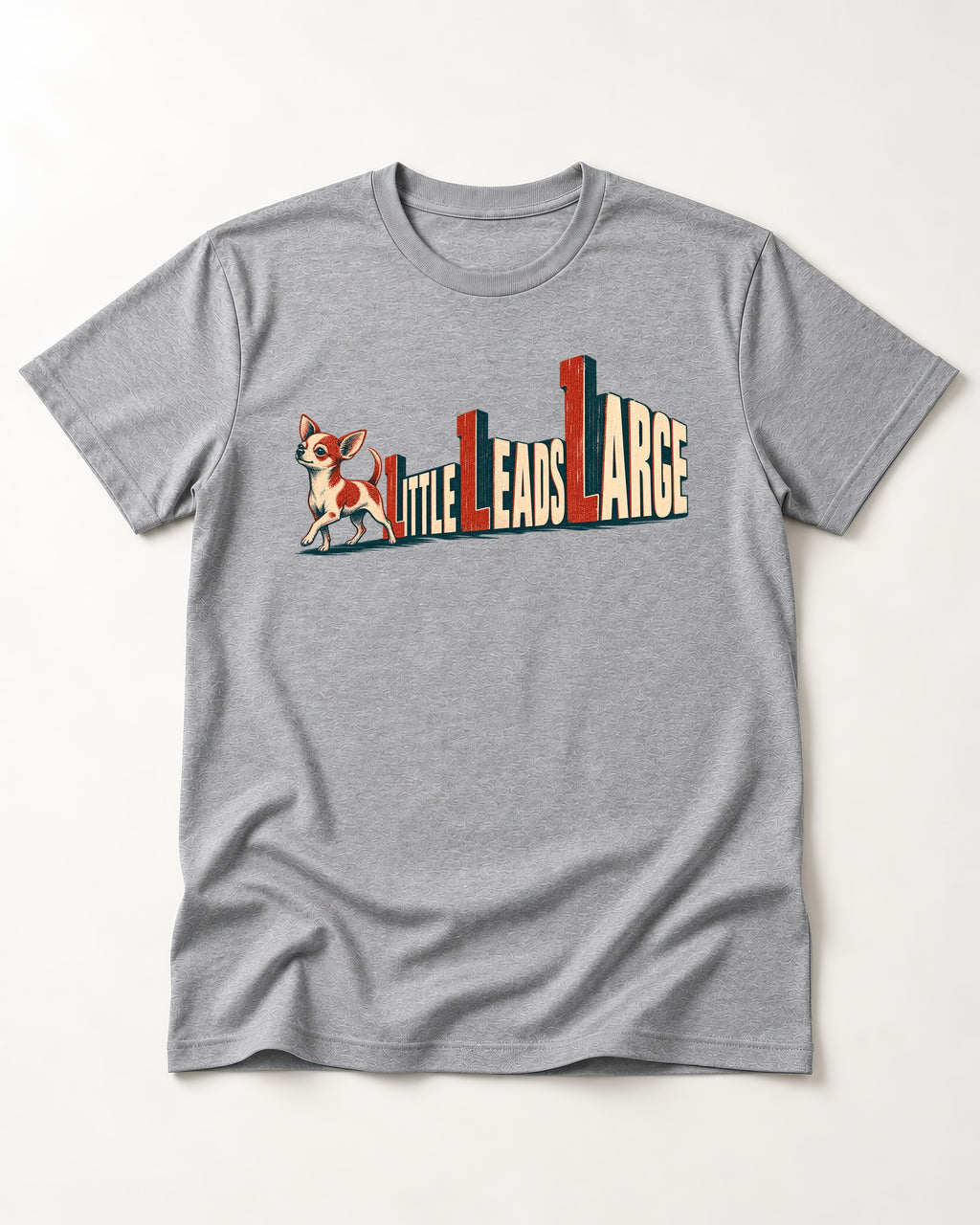 Chihuahua Little Leads Large Perspective Typography T-Shirt in Sport Grey, flat lay product photo