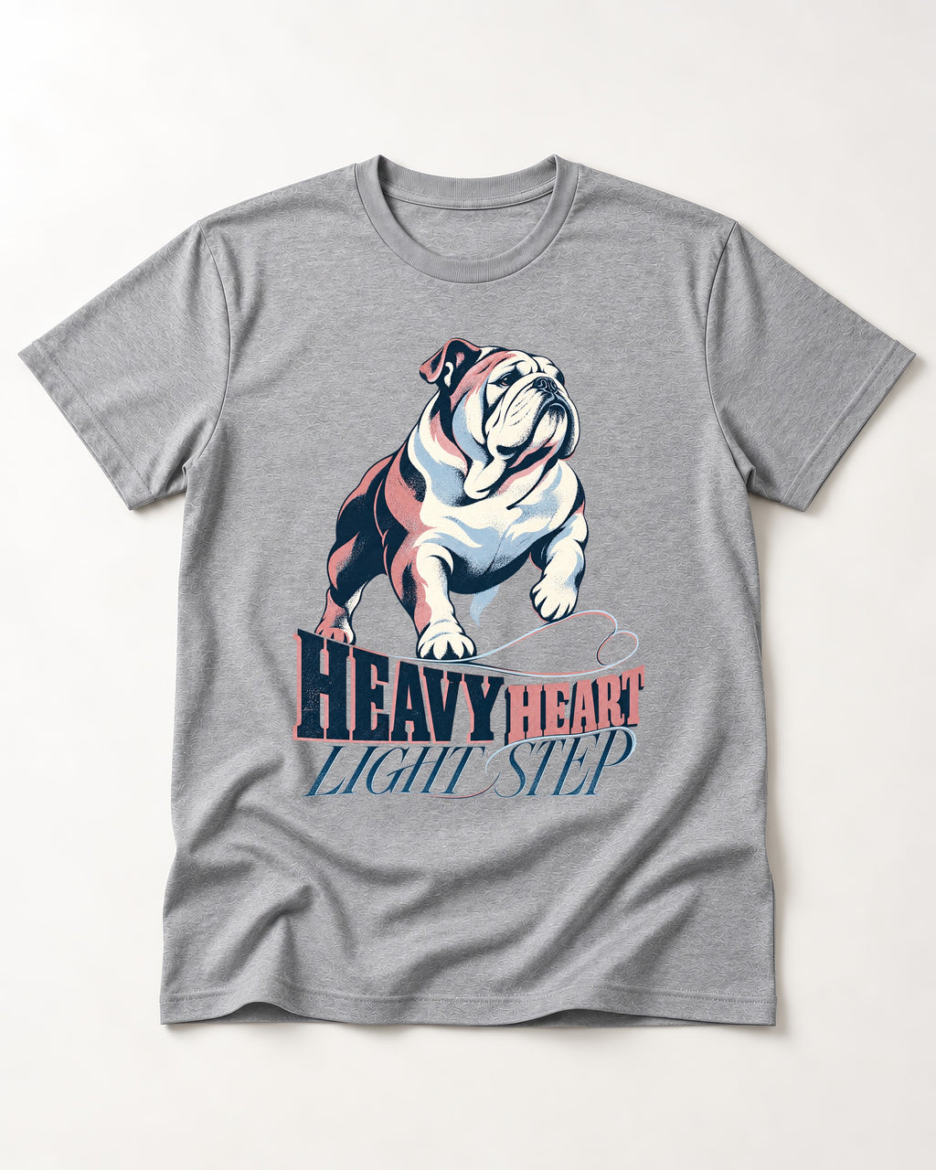 Heavy Heart Light Step English Bulldog T-Shirt in Sport Grey, flat lay product photo