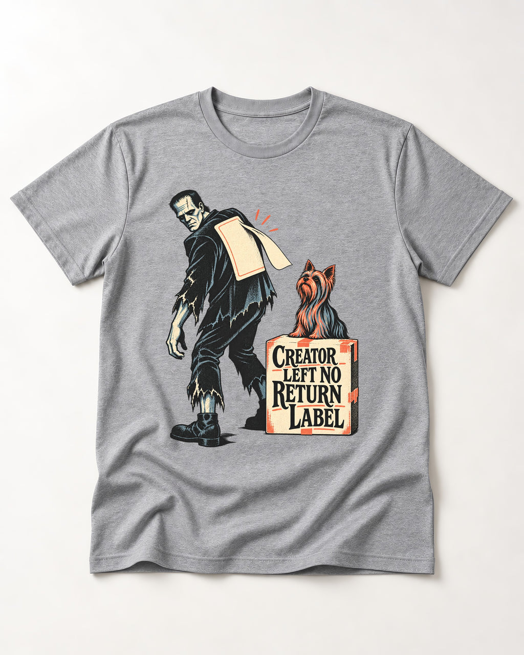 No Return Label Yorkshire Terrier T-Shirt in Sport Grey, flat lay product photo