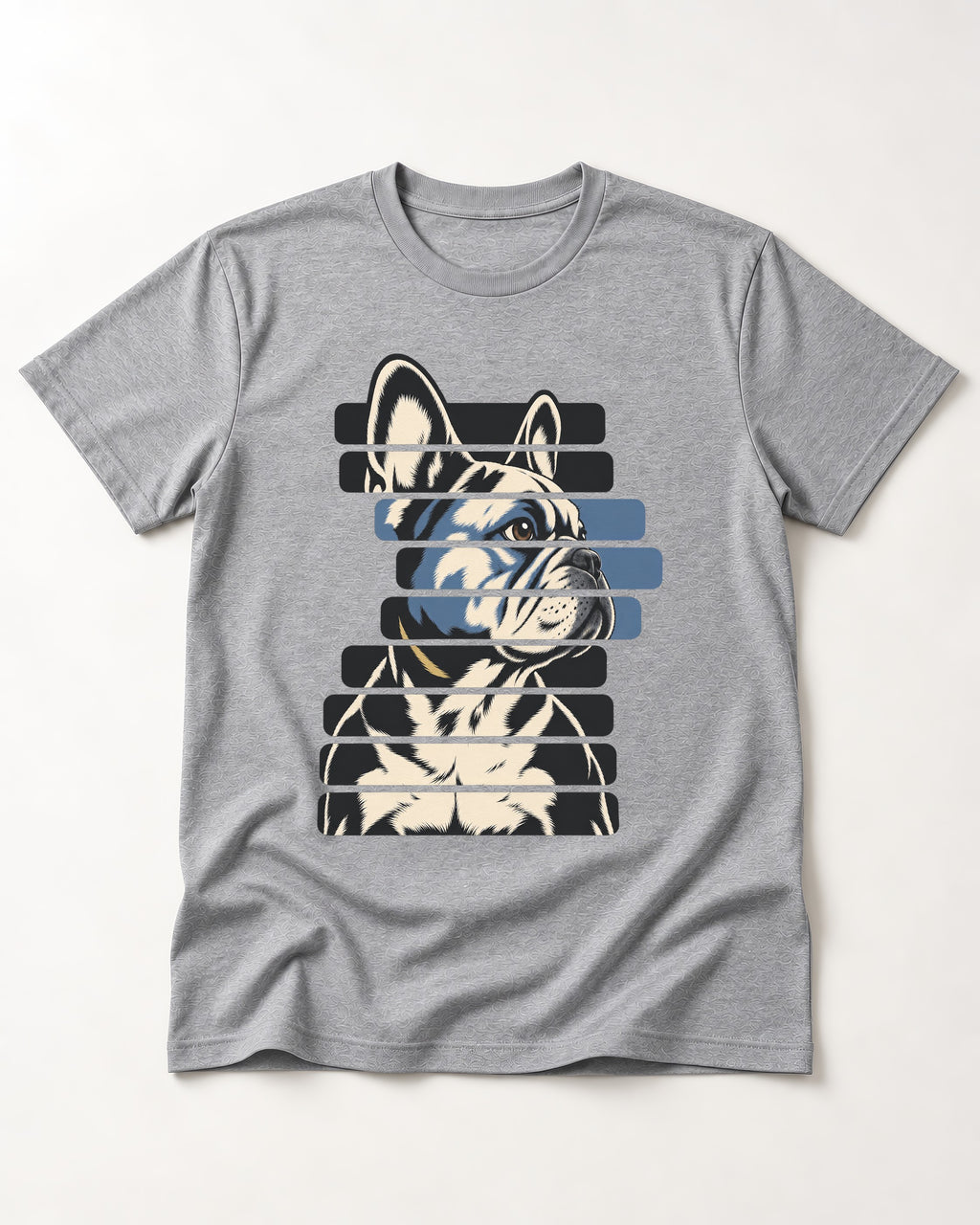 Frenchie Horizontal Shutter Portrait Graphic T-Shirt in Sport Grey, flat lay product photo