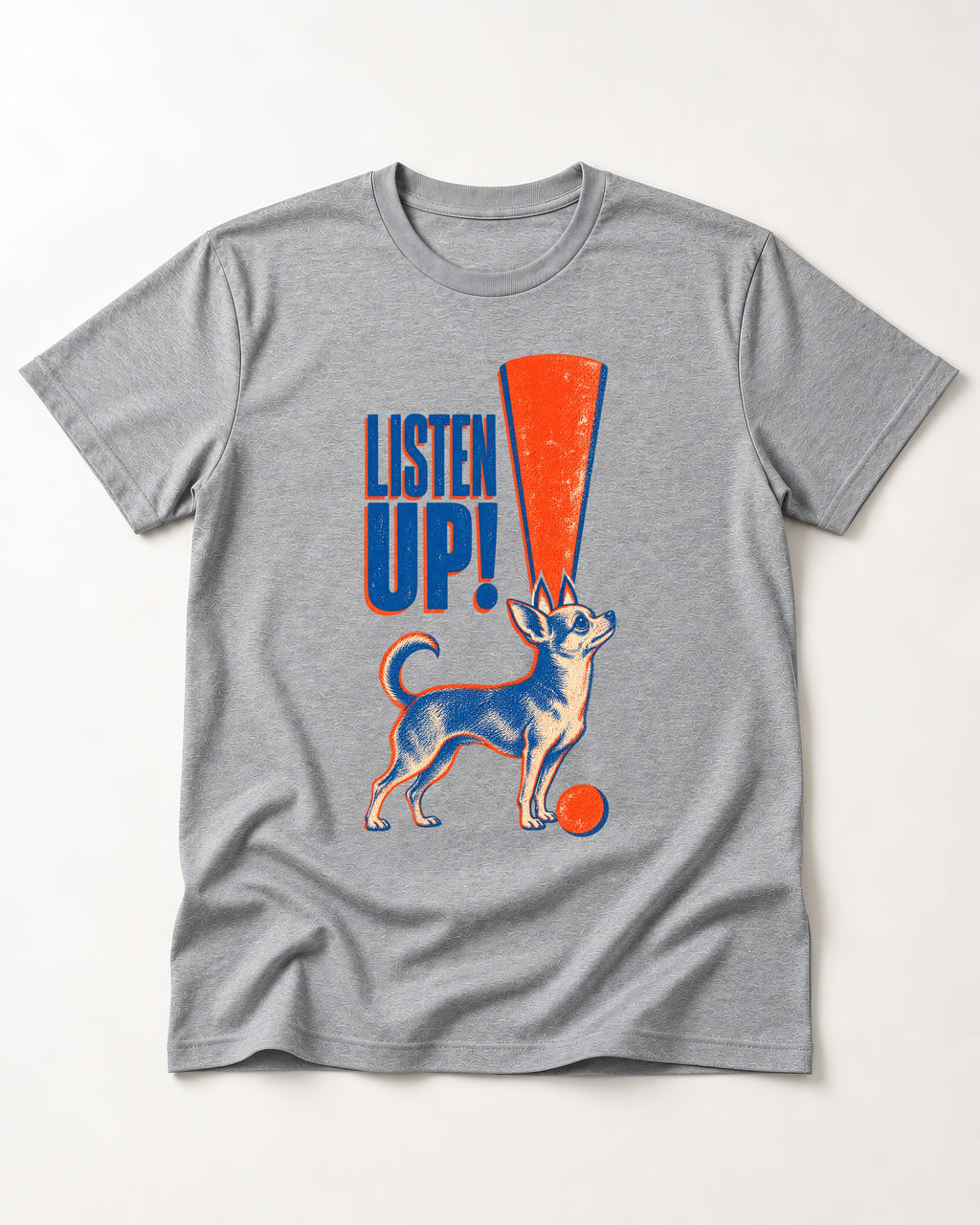 Listen Up Chihuahua T-Shirt in Sport Grey, flat lay product photo