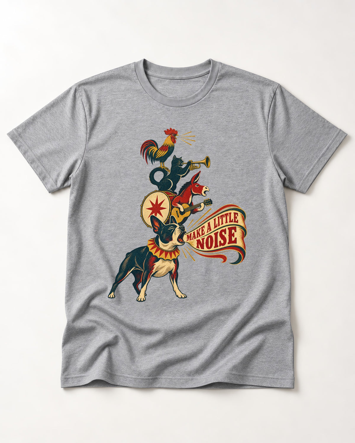 Boston Terrier Make A Little Noise T-Shirt in Sport Grey, flat lay product photo