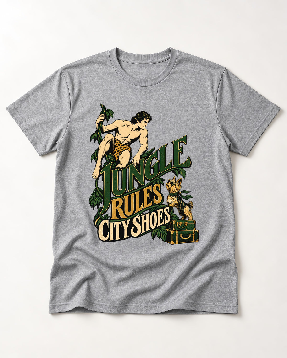 Jungle Rules City Shoes Yorkshire Terrier T-Shirt in Sport Grey, flat lay product photo