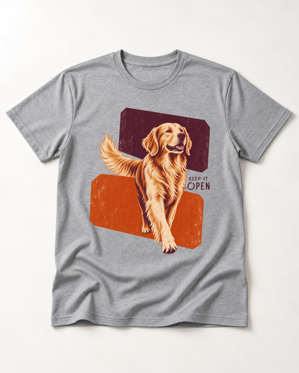 Golden Retriever Keep It Open T-Shirt in Sport Grey, flat lay product photo