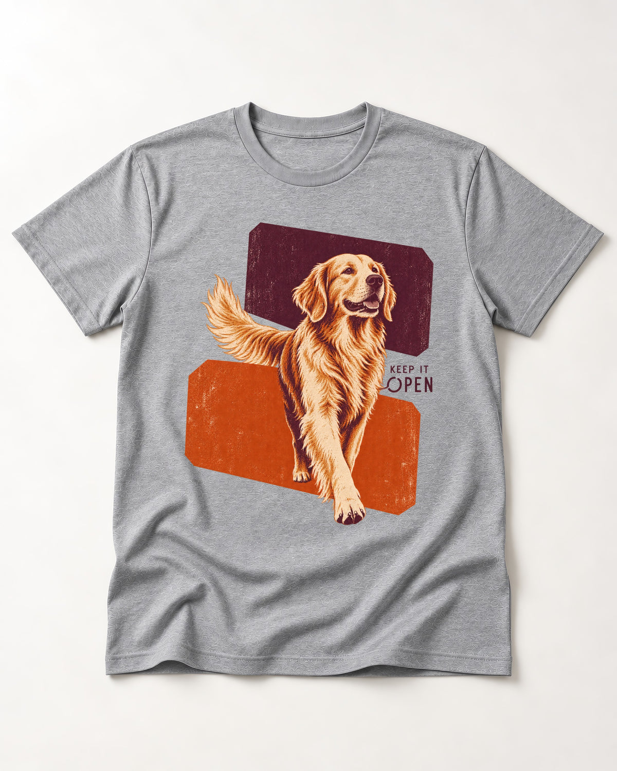 Golden Retriever Keep It Open T-Shirt in Sport Grey, flat lay product photo