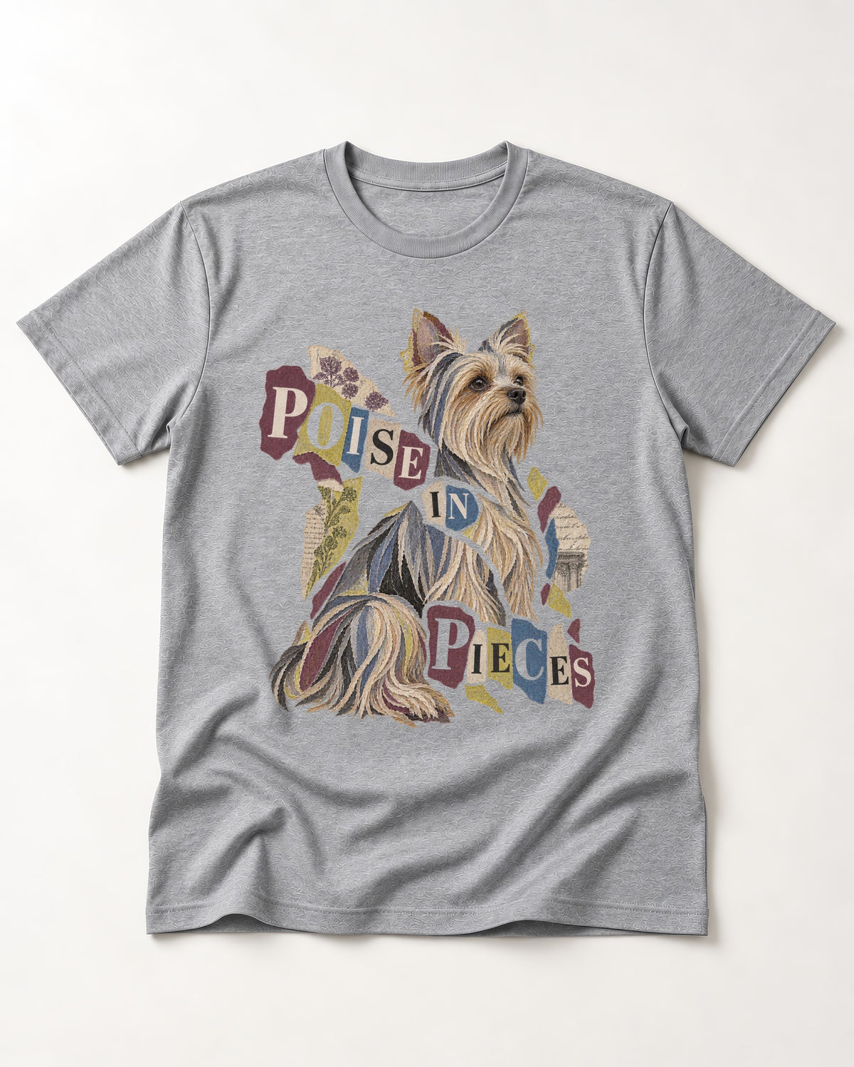 Yorkshire Terrier Poise in Pieces Torn Paper Collage Graphic T-Shirt in Sport Grey, flat lay product photo