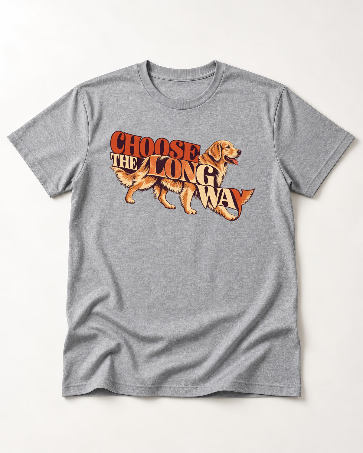 Golden Retriever Choose The Long Way Retro Graphic T-Shirt in Sport Grey, flat lay product photo