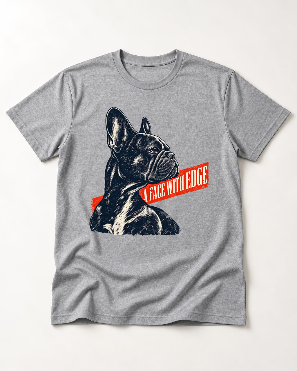 Frenchie Face with Edge T-Shirt in Sport Grey, flat lay product photo