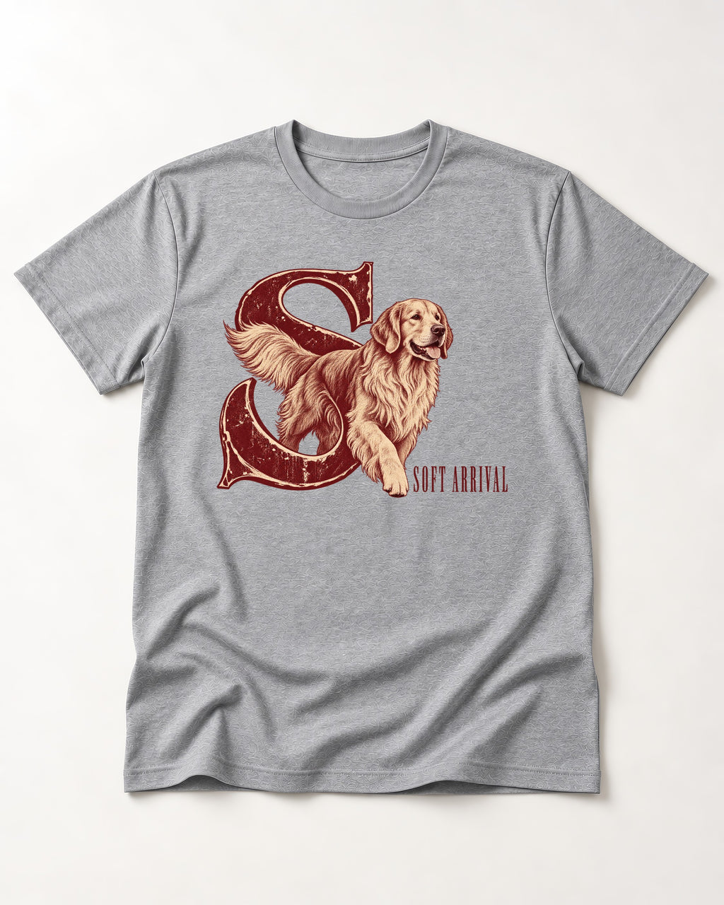 Soft Arrival Golden Retriever T-Shirt in Sport Grey, flat lay product photo