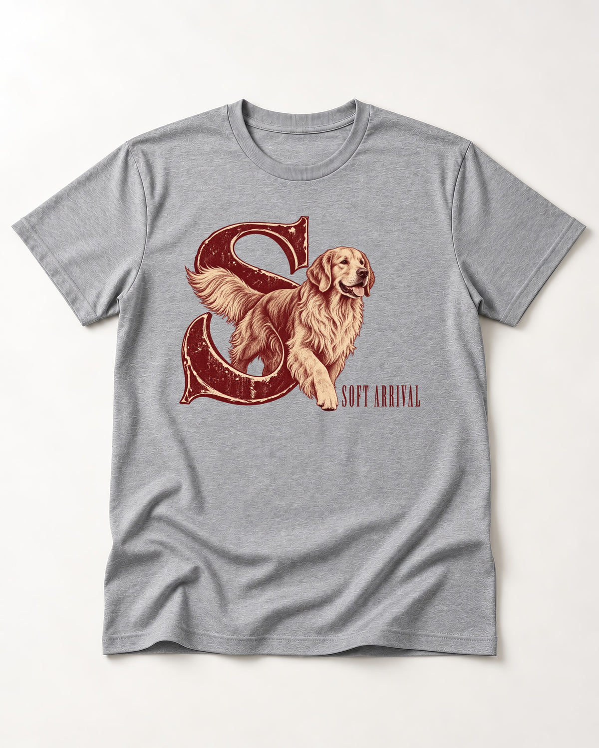 Soft Arrival Golden Retriever T-Shirt in Sport Grey, flat lay product photo