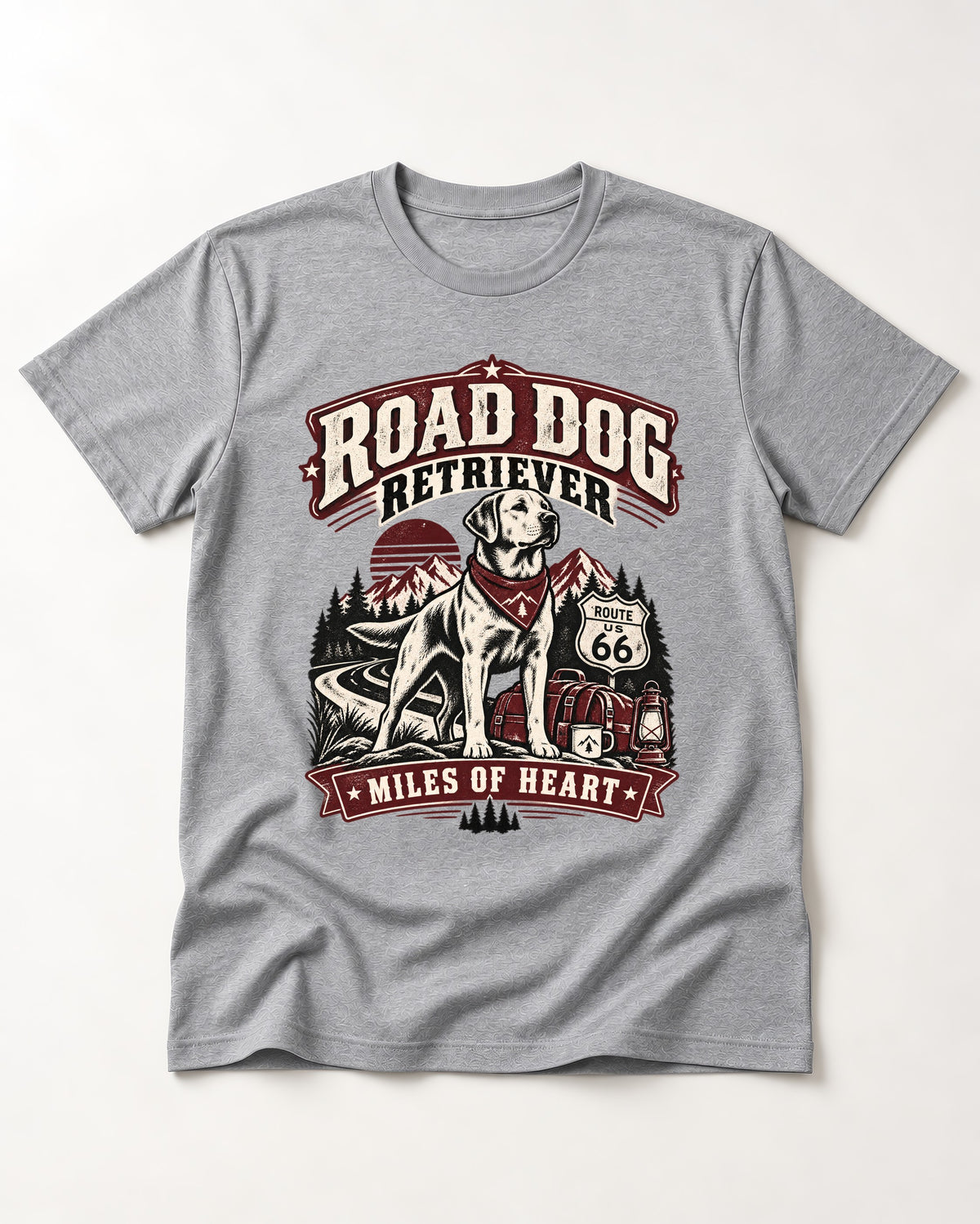 Labrador Retriever Road Dog Miles of Heart Route 66 Graphic T-Shirt in Sport Grey, flat lay product photo