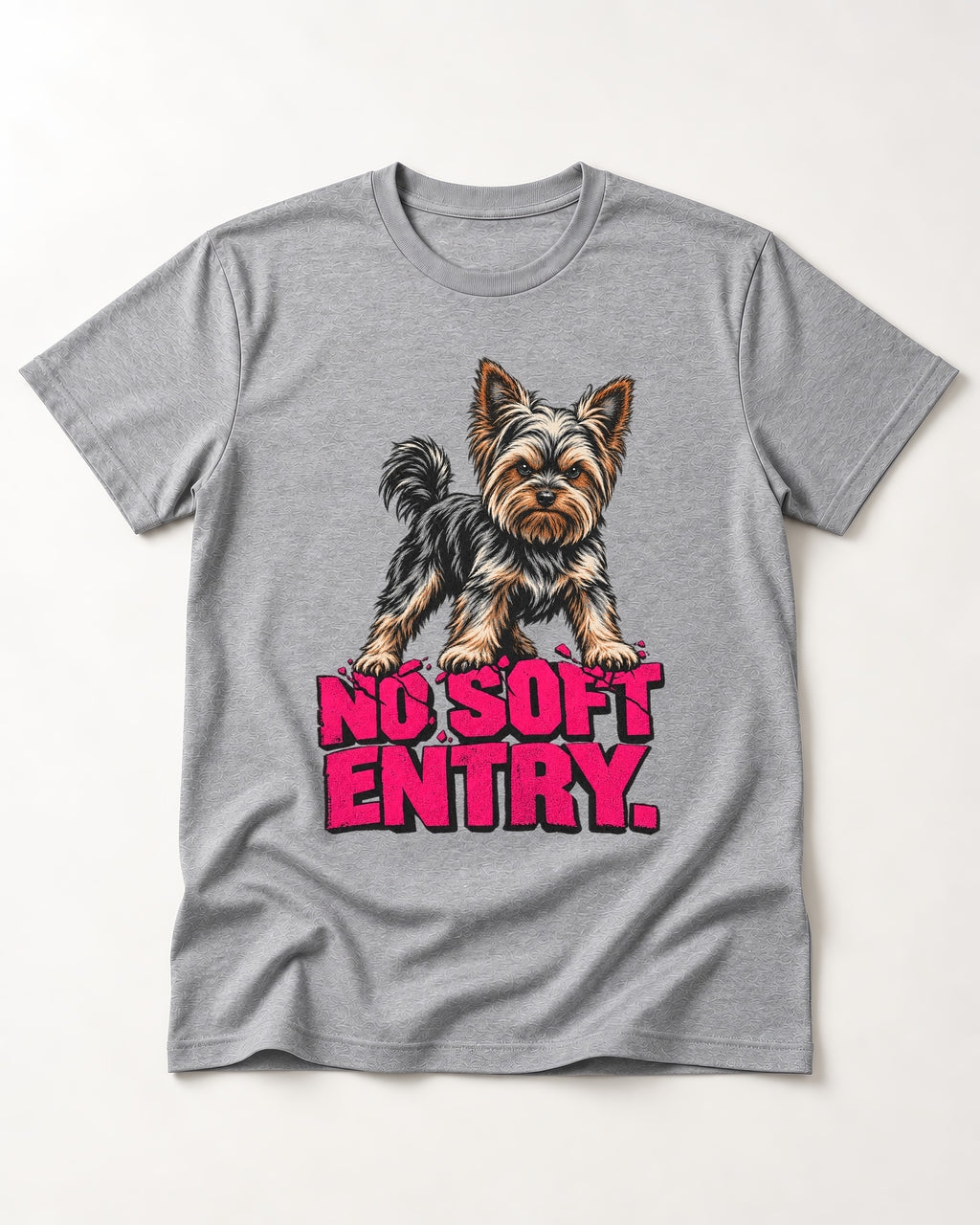Yorkshire Terrier No Soft Entry Stance Graphic T-Shirt in Sport Grey, flat lay product photo
