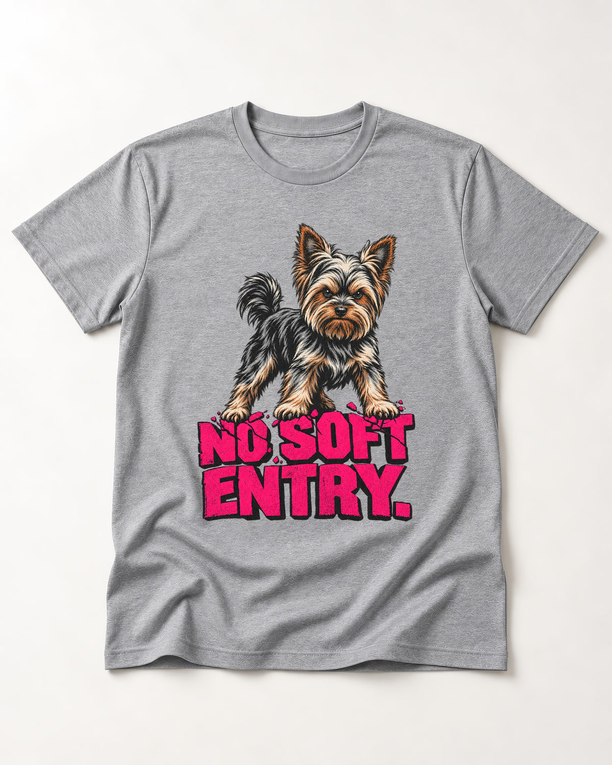 Yorkshire Terrier No Soft Entry Stance Graphic T-Shirt in Sport Grey, flat lay product photo