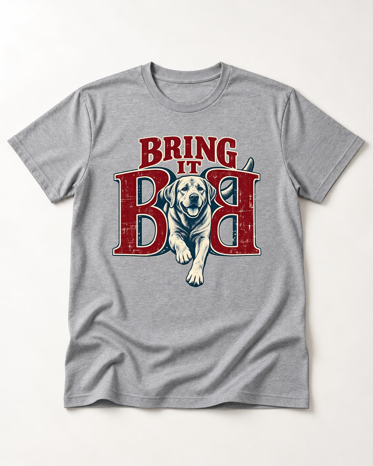 Labrador Retriever Bring It Opposing B Portrait Graphic T-Shirt in Sport Grey, flat lay product photo